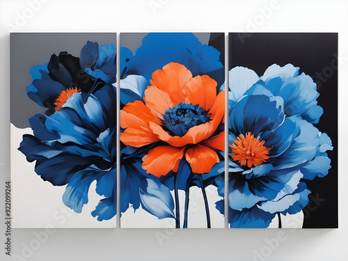 Set of three abstract floral art with blue and orange hue