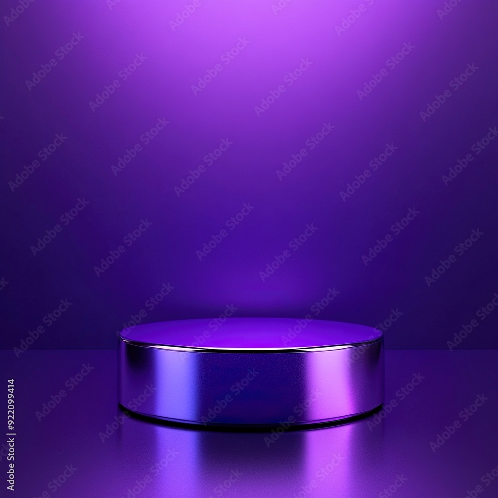 An empty sleek metallic product podium with a neons, set against a gradient of deep purple,style raw , generative ai An empty sleek metallic product podium with a neons, set against a gradient of deep purple,style raw , generative ai