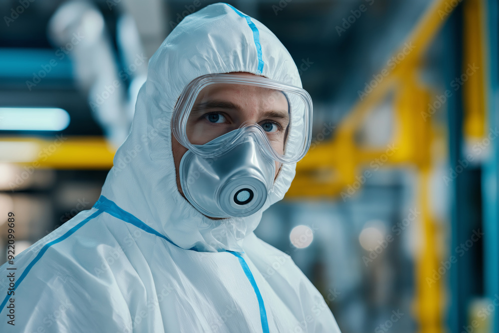 A man in a white lab coat and a mask is standing in a room. He is wearing a full body suit and has a serious expression on his face A man in a white lab coat and a mask is standing in a room. He is wearing a full body suit and has a serious expression on his face