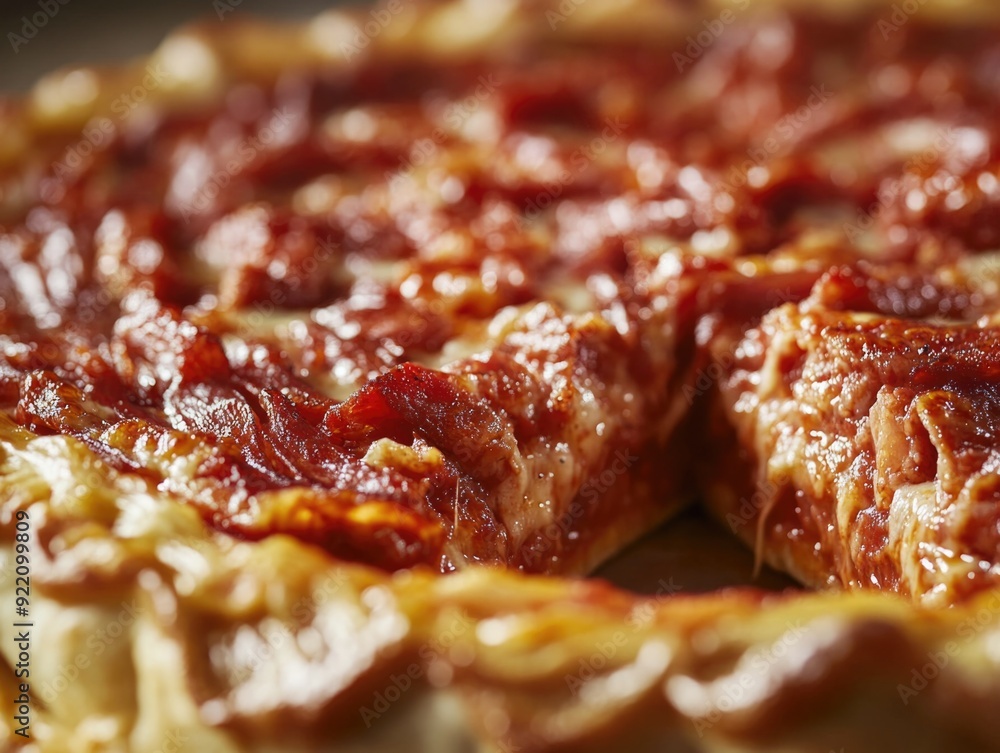 A closeup of a whole bacon and tomato pizza with melted cheese, ready to be served. A slice has been taken out, revealing the crispy bacon and tomato toppings. A closeup of a whole bacon and tomato pizza with melted cheese, ready to be served. A slice has been taken out, revealing the crispy bacon and tomato toppings.