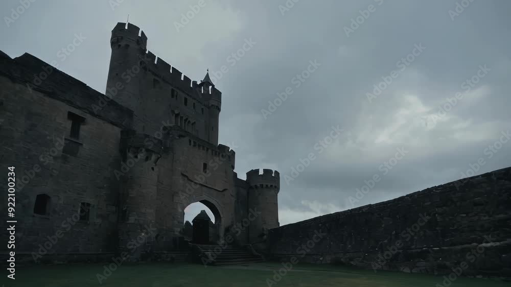 A medieval castle under a cloudy sky at dusk A medieval castle under a cloudy sky at dusk