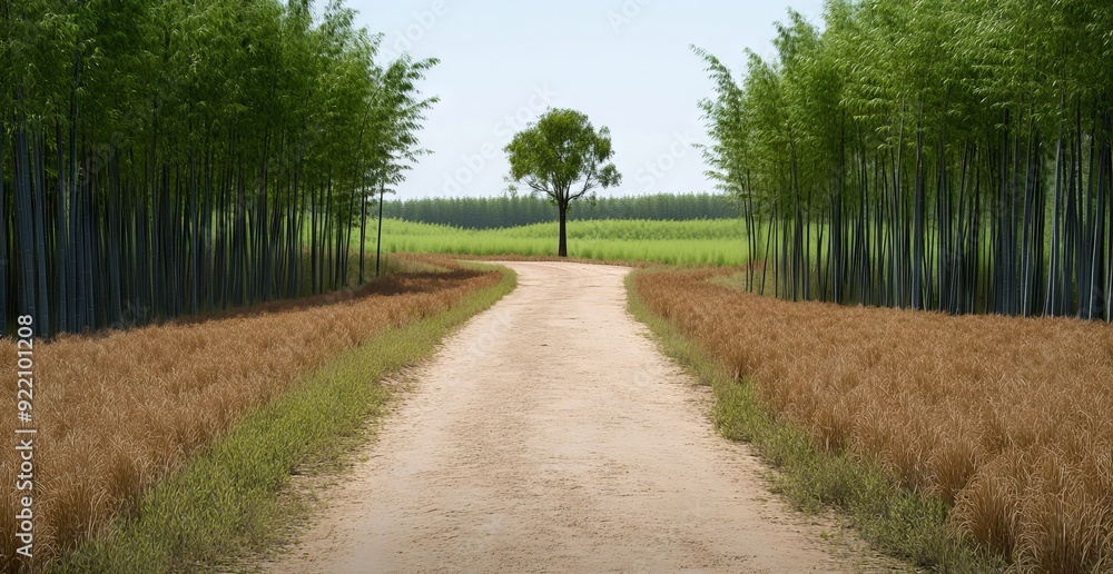 Path Through Bamboo Forest, Tall Green and Blue Stalks, Brown Grasses, Ancient Japan Atmosphere, Tree in Foreground Path Through Bamboo Forest, Tall Green and Blue Stalks, Brown Grasses, Ancient Japan Atmosphere, Tree in Foreground