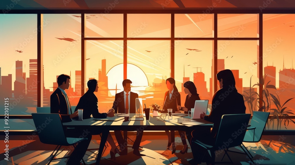 Professional business meeting flat design, front view, executive boardroom, cartoon drawing, Splitcomplementary color scheme Professional business meeting flat design, front view, executive boardroom, cartoon drawing, Splitcomplementary color scheme