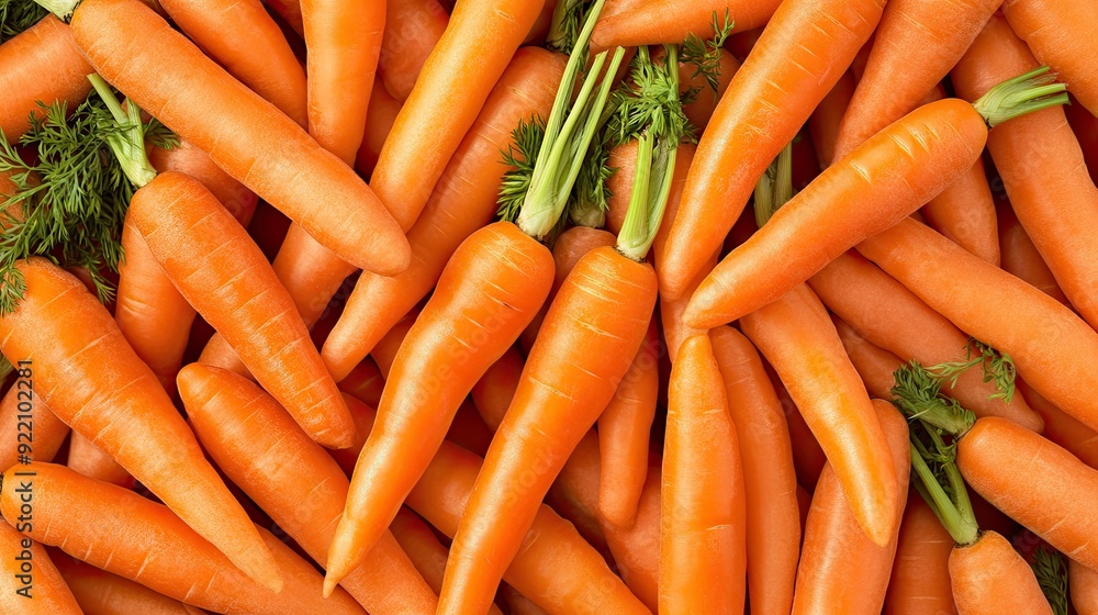 Close-up view of bright orange carrots with green tops showcased in a market, highlighting their freshness and vibrant colors within a naturally blurred background Close-up view of bright orange carrots with green tops showcased in a market, highlighting their freshness and vibrant colors within a naturally blurred background