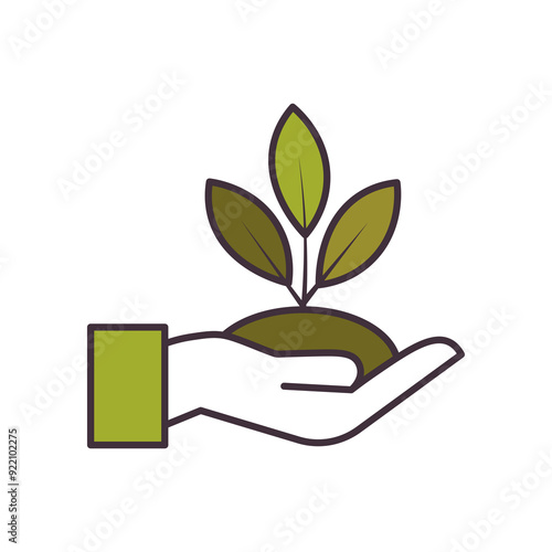 Human hand holding handful of soil with young sprout of plant. Plant in hand icon. Care environmental development. Planting sapling. Save the planet. Flat vector illustration. Not AI generated