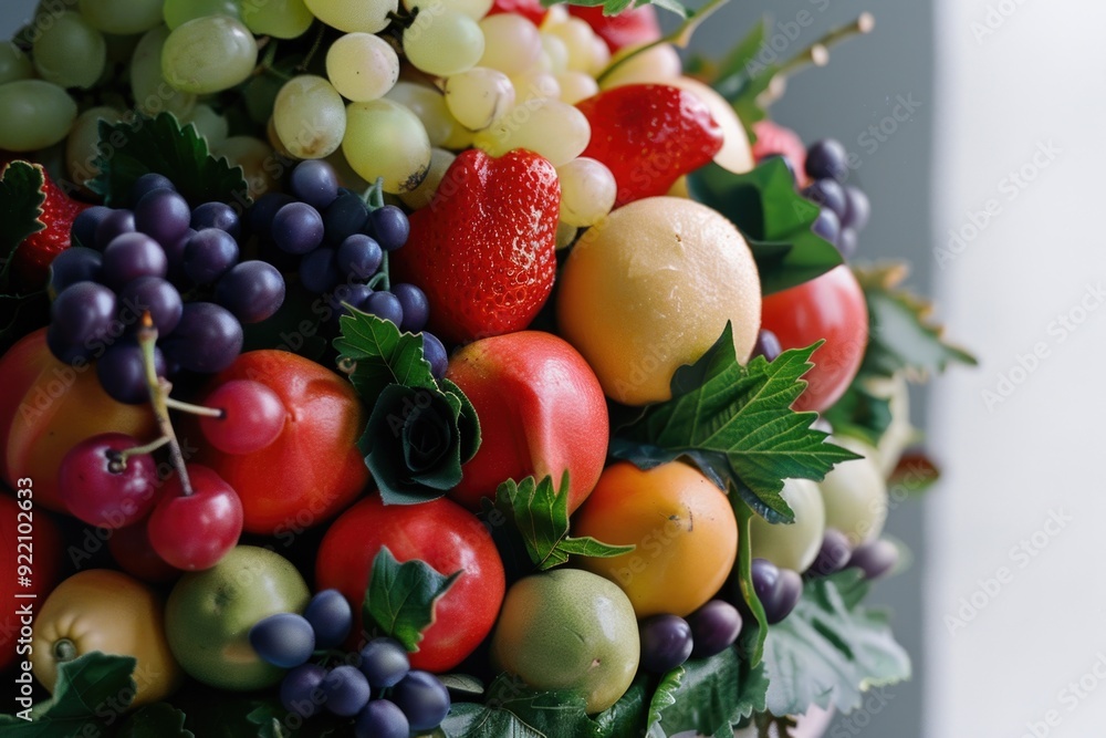 Vibrant arrangement of grapes, strawberries, oranges and apples. Vibrant arrangement of grapes, strawberries, oranges and apples.