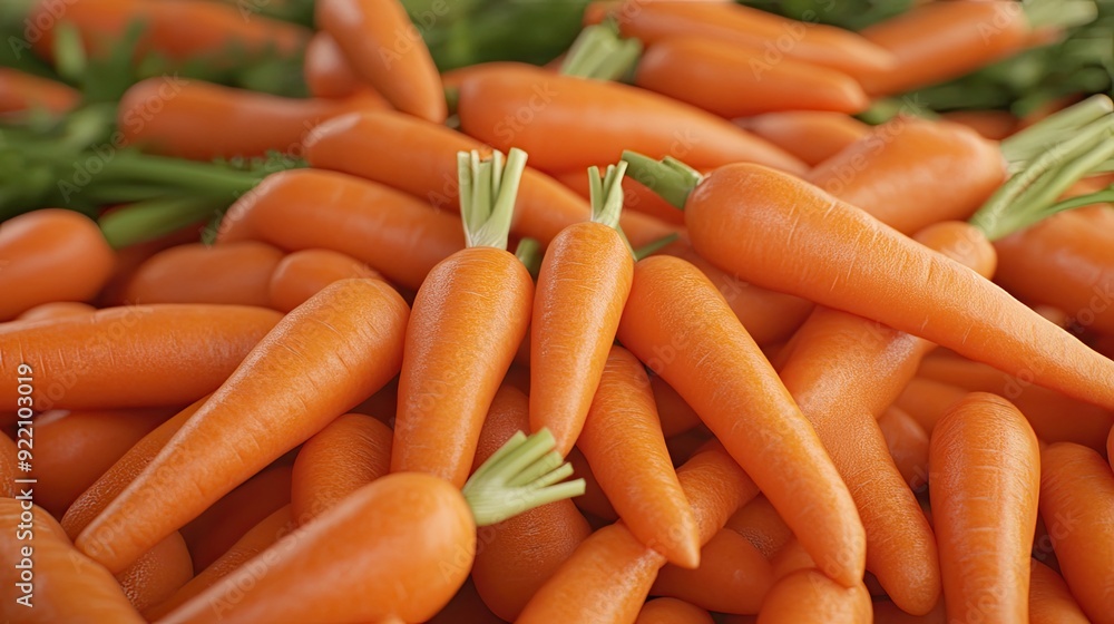 Close-up view of bright orange carrots with green tops showcased in a market, highlighting their freshness and vibrant colors within a naturally blurred background Close-up view of bright orange carrots with green tops showcased in a market, highlighting their freshness and vibrant colors within a naturally blurred background
