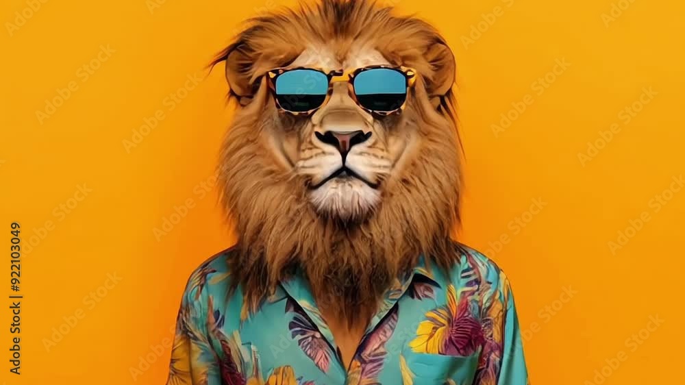 a stylish Lion wearing sunglasses and summer suit on color background, animal funny pop art a stylish Lion wearing sunglasses and summer suit on color background, animal funny pop art