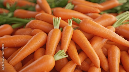 Close-up view of bright orange carrots with green tops showcased in a market, highlighting their freshness and vibrant colors within a naturally blurred background