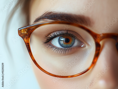 Close-up of a person with glasses, showcasing striking blue eyes and intricate details of eyelashes and eyewear