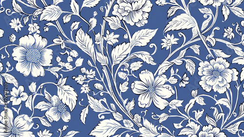 A blue and white floral pattern with flowers, leaves, and vines, antique Victorian print, seamless wallpaper, patterns, background, backdrop, wallpaper