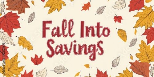 Fall in Savings lettering with autumn leaves. Seasonal discount offer.