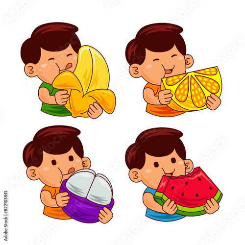  Kids Boy Eat Vector Illustration