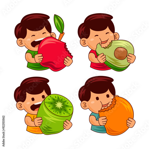  Kids Boy Eat Vector Illustration