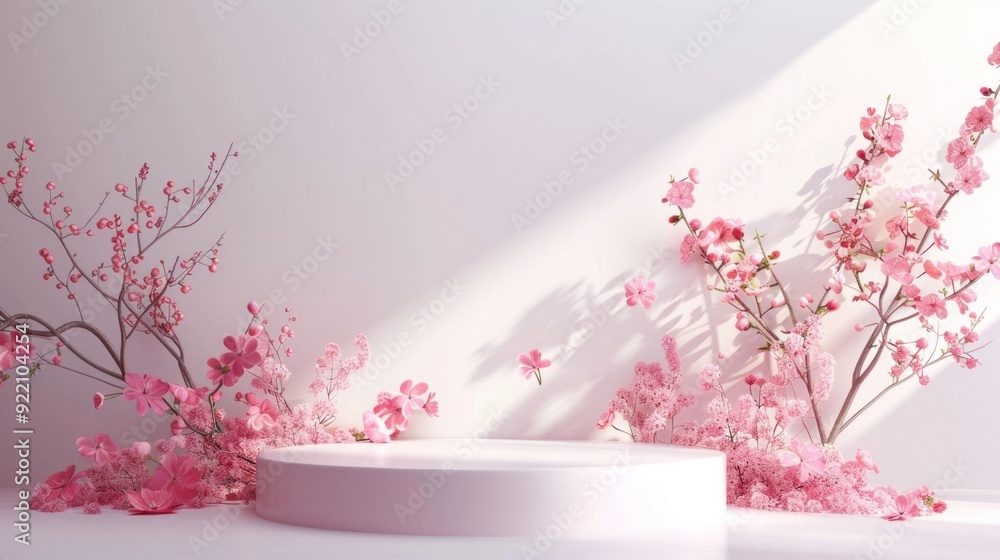 Minimalistic showcase with pink flowers on a clean white background, elegant design for product display and photography Minimalistic showcase with pink flowers on a clean white background, elegant design for product display and photography