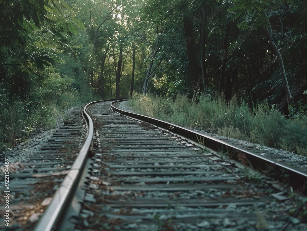 Fototapeta premium Railroad tracks disappearing into trees and mist.