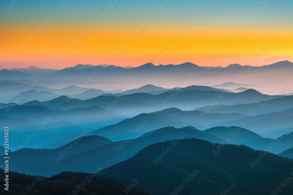 Fototapeta premium Breathtaking Sunset Casting Warm Hues Over Majestic Mountains, Serene and Picturesque Landscape Illustration