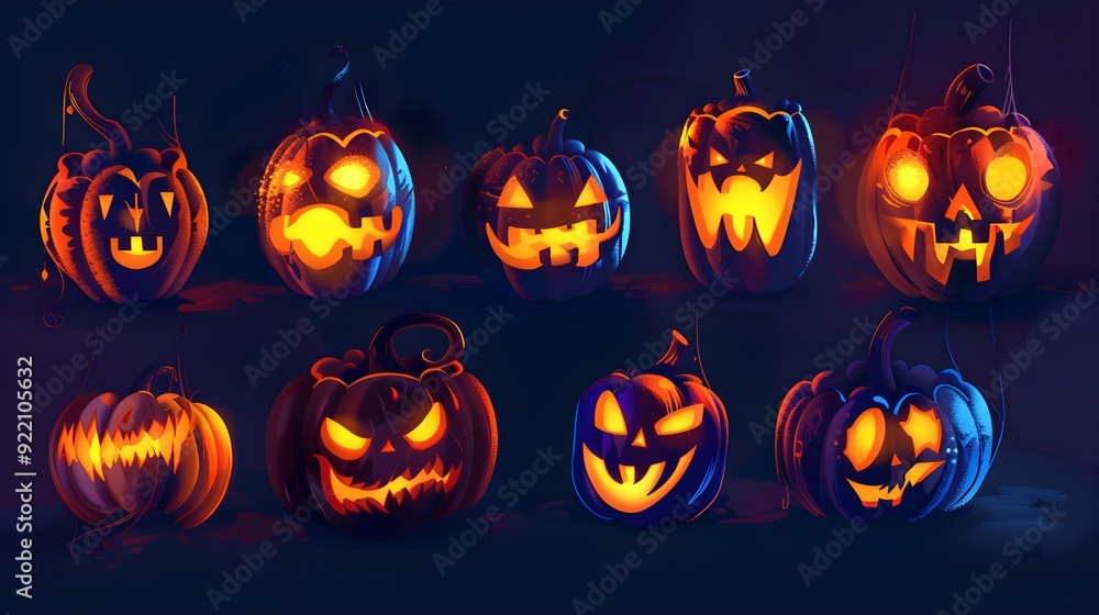 illuminated carved pumpkins with different evil faces in darkness at Halloween night illuminated carved pumpkins with different evil faces in darkness at Halloween night