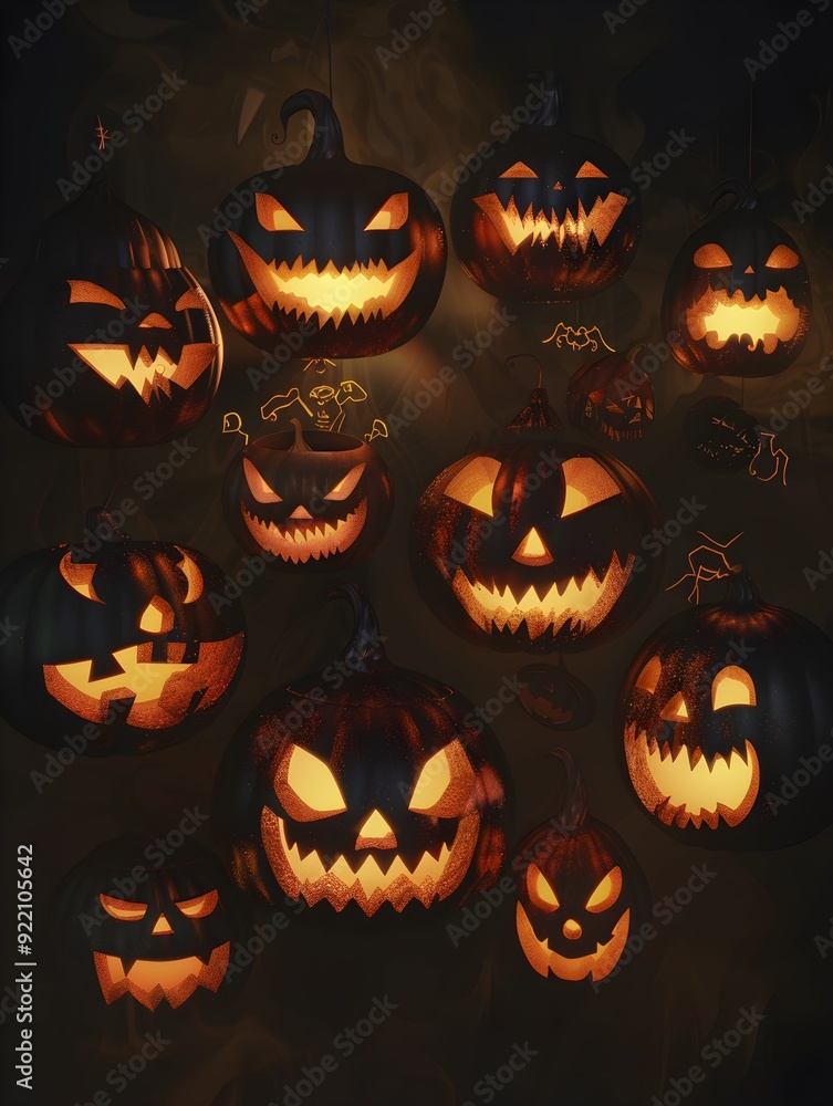 illuminated carved pumpkins with different evil faces in darkness at Halloween night illuminated carved pumpkins with different evil faces in darkness at Halloween night