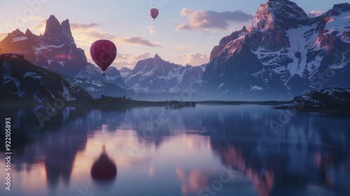 A hot air balloon with bright hues sails over a peaceful mountain landscape, complete with snow-capped summits, rich green forests, and a reflective lake beneath a cloudless sky