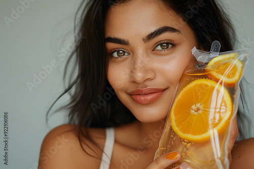 A woman in her 20s, holding an IV vitamin bag with orange slices, showcasing rejuvenation and revitalization benefits from an IV vitamin drip