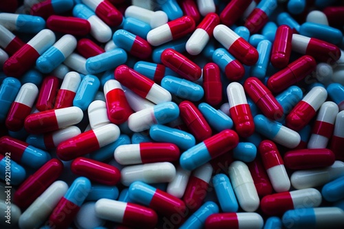 Pill Capsules Spilling from a Bottle on a Reflective Surface in a Laboratory