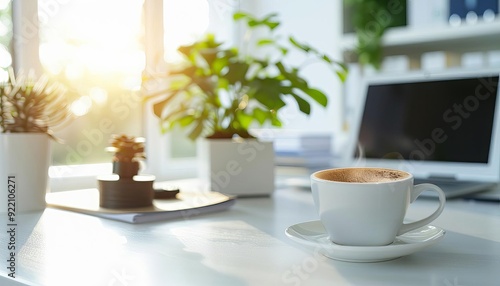 Wallpaper Mural A cup of coffee on a desk with a laptop and plants in the background. Torontodigital.ca