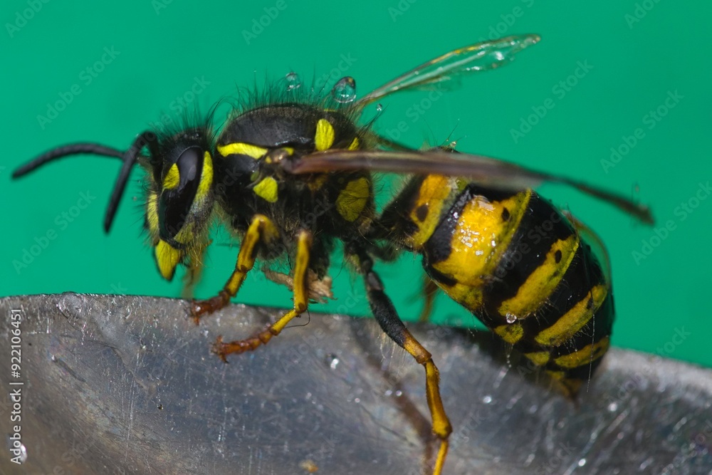 Wasp sitting on the edge of a metal spoon sideview. Wasp sitting on the edge of a metal spoon sideview.