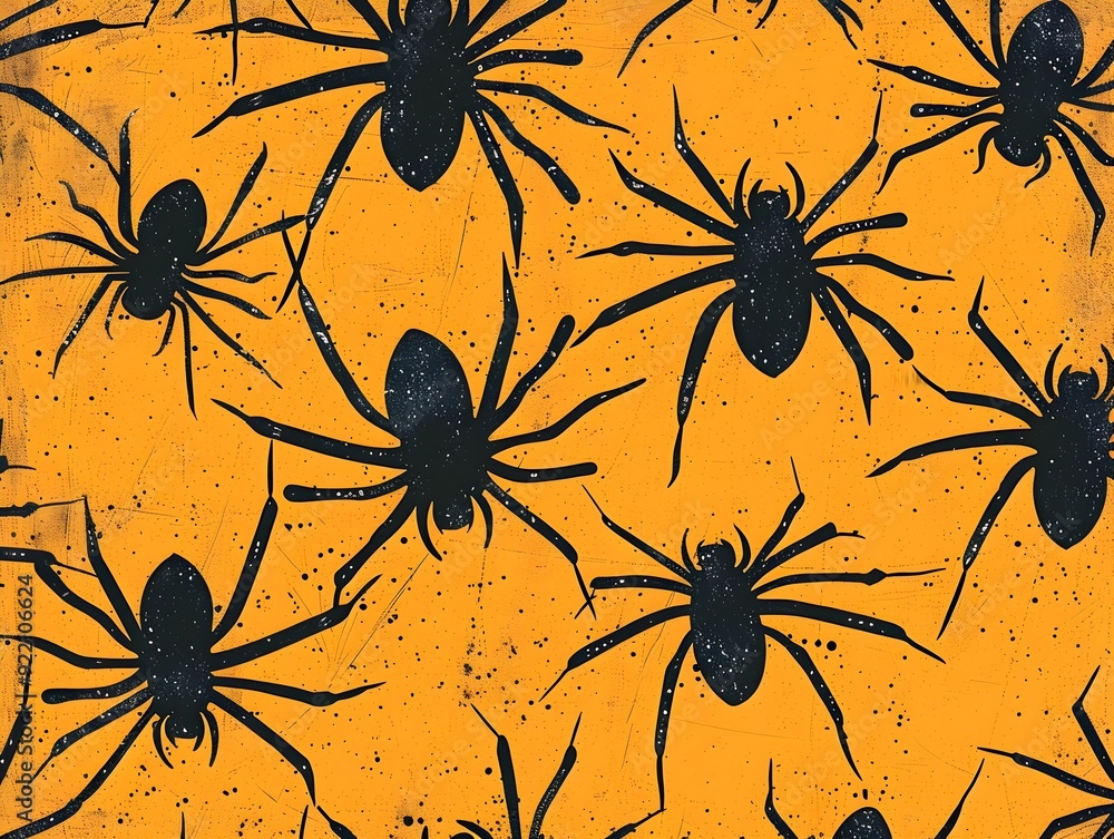 Obraz premium Eerie Swarm of Spiders in Bright Orange and Black Halloween Digital Pattern Background