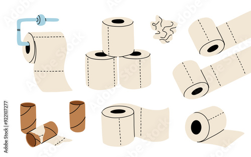 Toilet paper set. Vector illustration of soft white rolls. Hand holding towel. Toilet paper roll on metal holder.