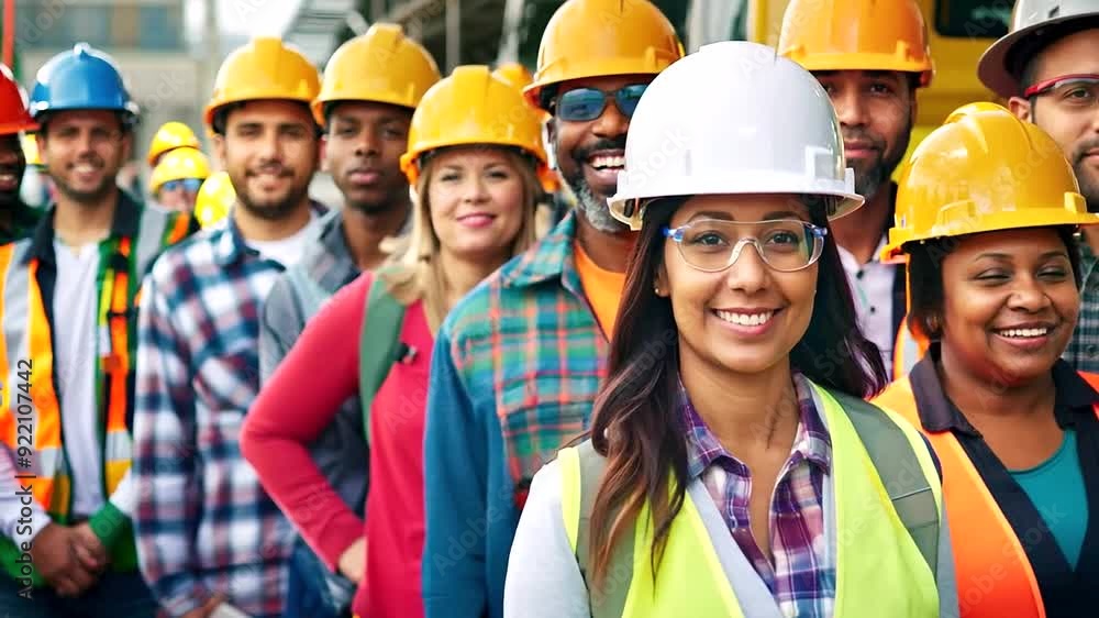 Celebrate Labor Day with a diverse group of workers in hard hats and safety vests Celebrate Labor Day with a diverse group of workers in hard hats and safety vests