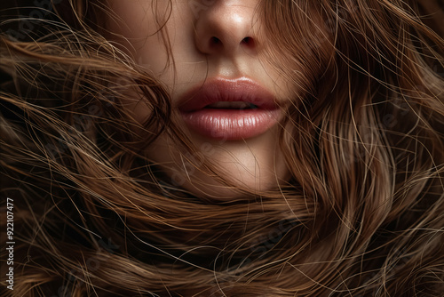 A close up of a woman's face with long brown hair photo