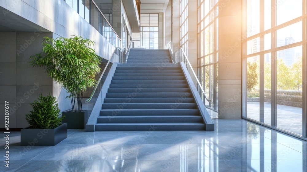 Obraz premium Modern Staircase with Sunlight Streaming Through Large Windows in a Contemporary Lobby