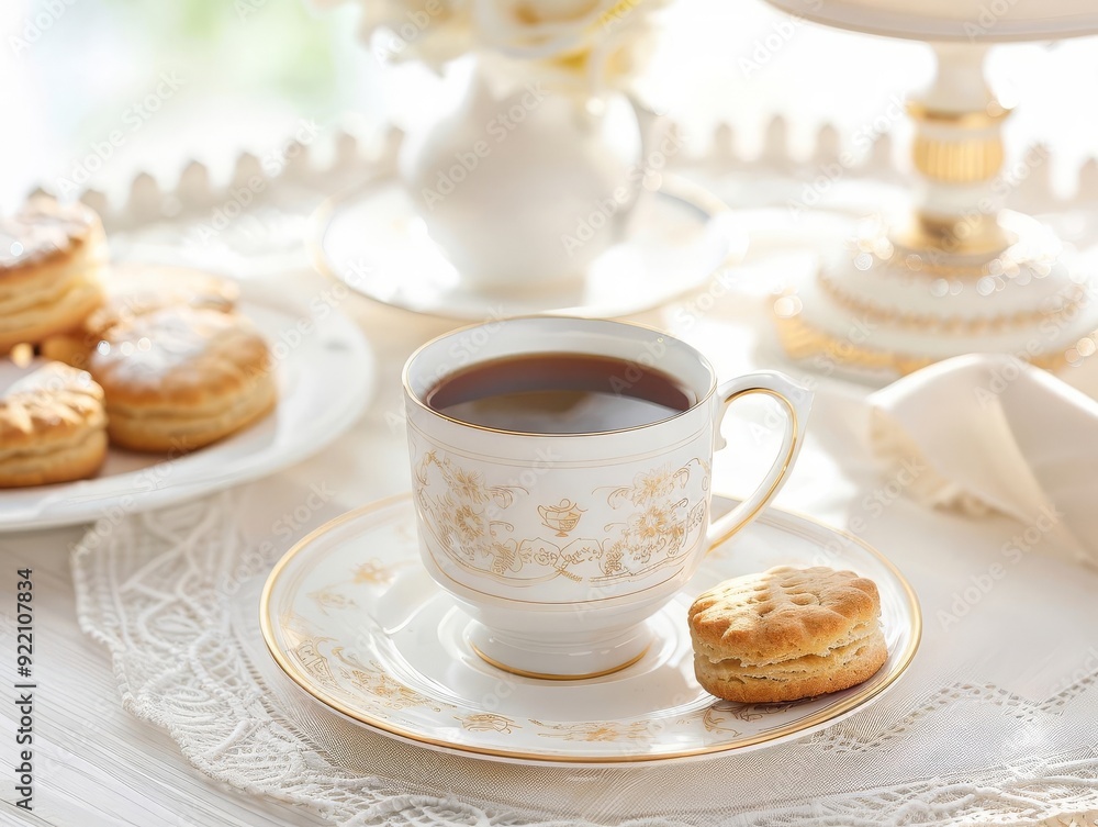 A cup of tea with a cookie on a white table with a white tablecloth and other cookies in the background. A cup of tea with a cookie on a white table with a white tablecloth and other cookies in the background.