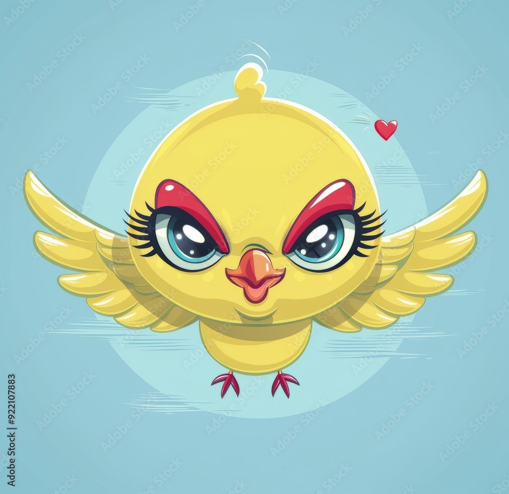 Fototapeta premium A cartoon yellow chicken character, vector illustration logo design on blue background, red 