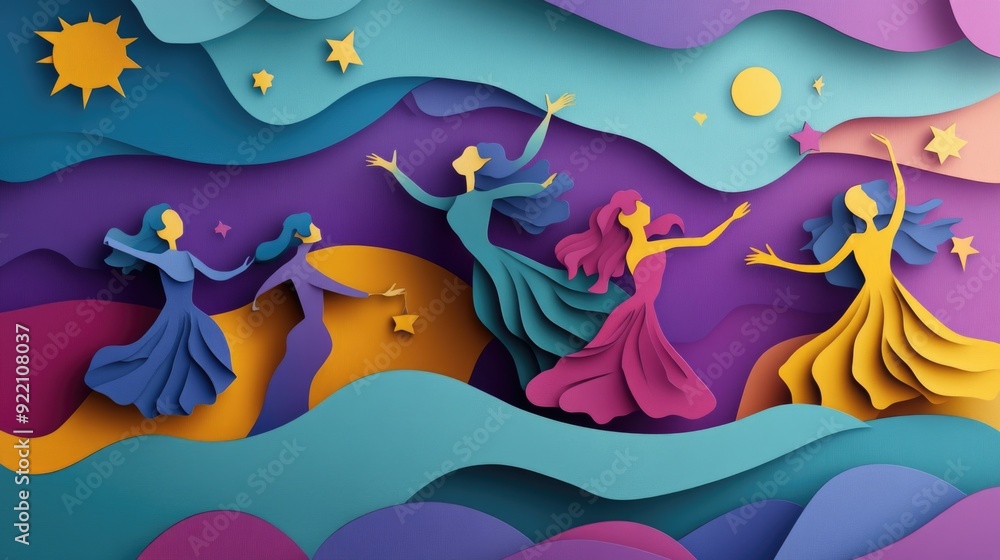 Fototapeta premium Papercut Festive Decorations, Lively Parades, and Joyful Celebrations: Abstract Simple Minimal Joyful and Colorful 2D Layered Layout