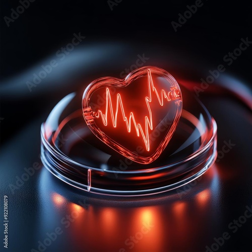 A glowing red heart with a heartbeat line inside a glass dome. photo