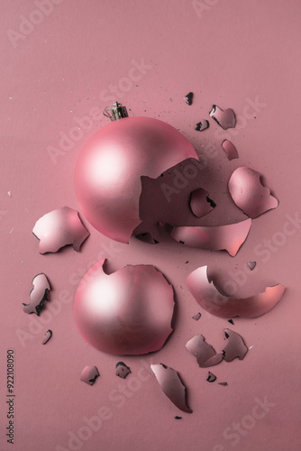 A broken New Year's ball. Christmas tree toy on a solid pink background. small pieces with sequins