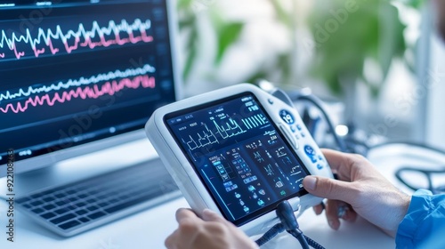 A medical professional checks vital signs on a digital monitor. The screen shows heart rate and other readings.