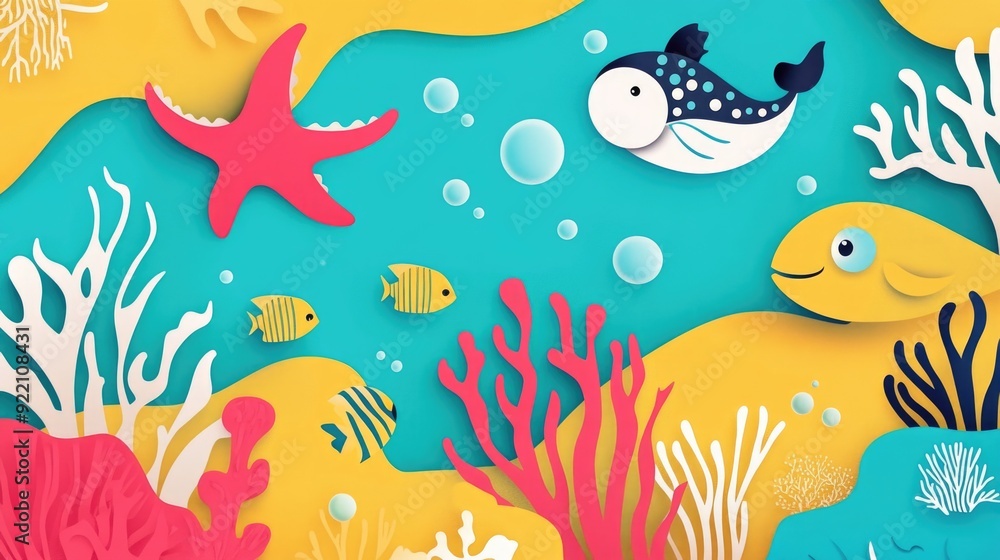 Papercut Playful Sea Creatures, Coral Reefs, and Enchanting Underwater Landscapes: Abstract Simple Minimal Joyful and Colorful 2D Layered Layout Papercut Playful Sea Creatures, Coral Reefs, and Enchanting Underwater Landscapes: Abstract Simple Minimal Joyful and Colorful 2D Layered Layout