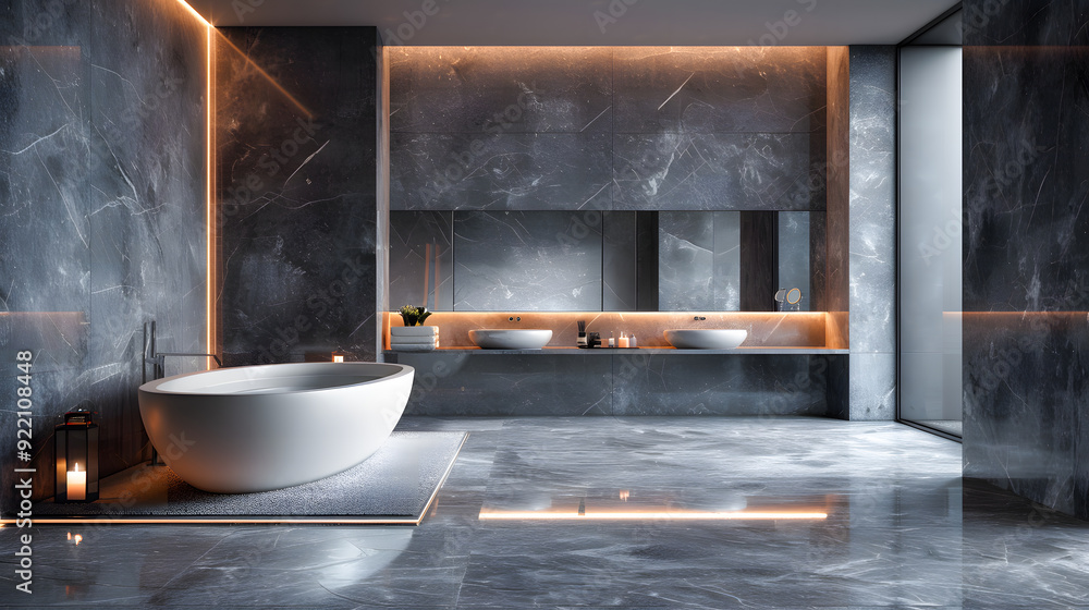 Sleek grey marble bathroom with LED lighting, double vanity, and freestanding tub