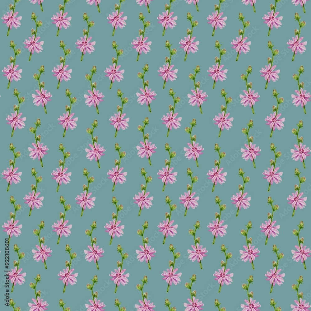 Seamless pattern repeating hand drawn illustration. Watercolor illustration delicate isolated little pink flowers blue green background. Seamless pattern repeating hand drawn illustration. Watercolor illustration delicate isolated little pink flowers blue green background.