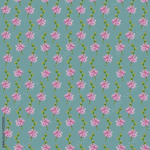 Seamless pattern repeating hand drawn illustration. Watercolor illustration delicate isolated little pink flowers blue green background.