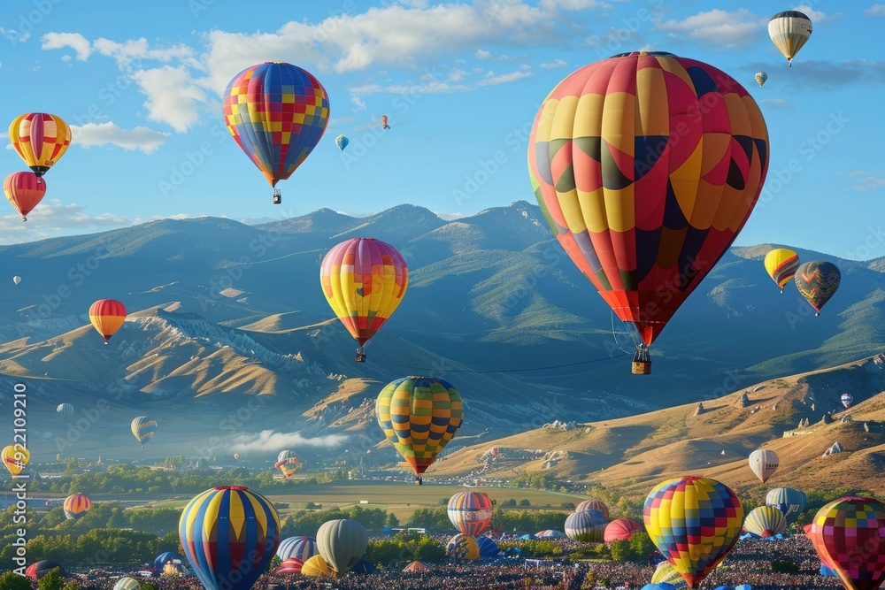 Obraz premium hot air balloon hovers over misty meadows and fields, with a wide, clear sky above.