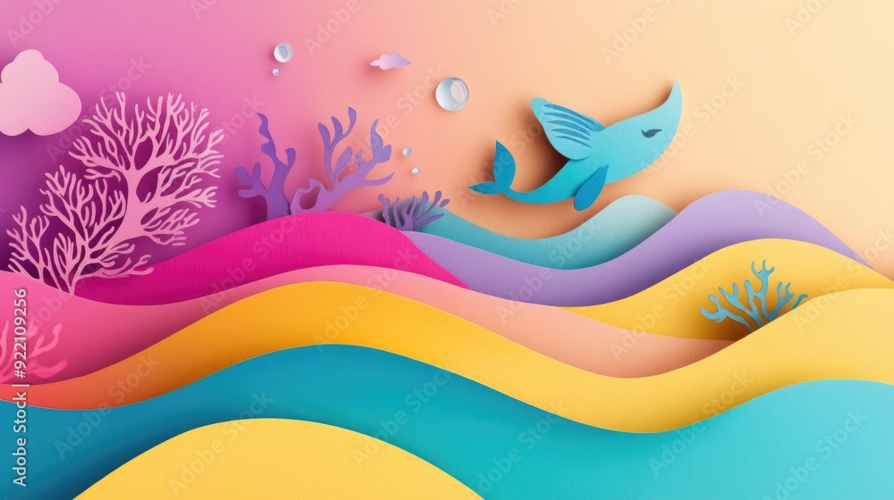 Papercut Playful Sea Creatures, Coral Reefs, and Enchanting Underwater Landscapes: Abstract Simple Minimal Joyful and Colorful 2D Layered Layout Papercut Playful Sea Creatures, Coral Reefs, and Enchanting Underwater Landscapes: Abstract Simple Minimal Joyful and Colorful 2D Layered Layout
