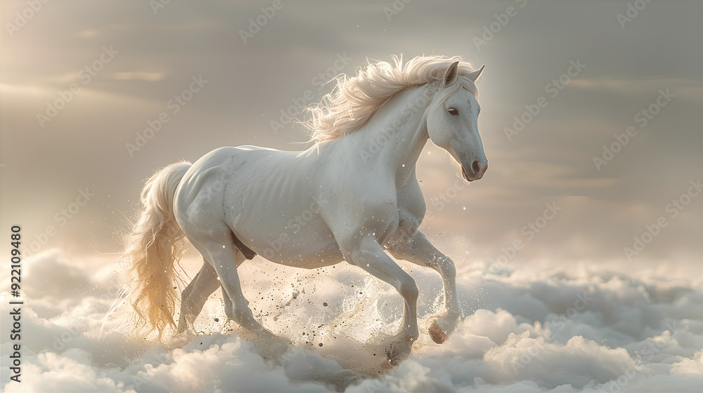 photo of a white unicorn horse running above the clouds photo of a white unicorn horse running above the clouds