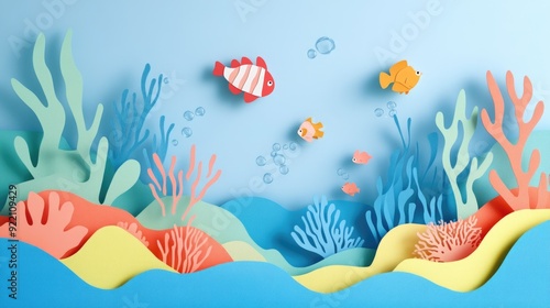 Papercut Playful Sea Creatures, Coral Reefs, and Enchanting Underwater Landscapes: Abstract Simple Minimal Joyful and Colorful 2D Layered Layout