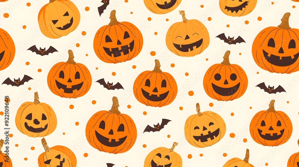 Charming Cartoon Style Pumpkin Pattern with Bats and Ghosts for Halloween and Charming Cartoon Style Pumpkin Pattern with Bats and Ghosts for Halloween and