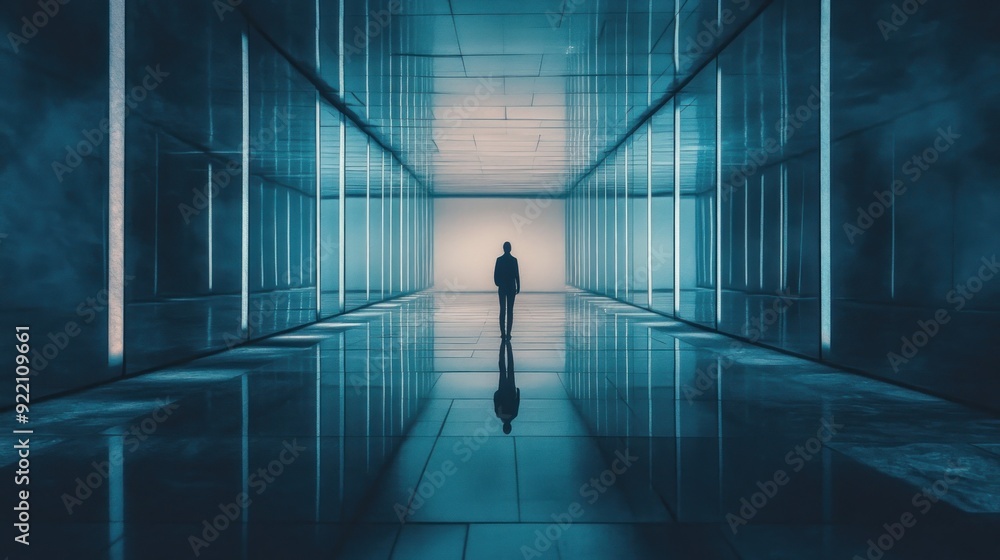 A Man Walking Through a Futuristic Hallway A Man Walking Through a Futuristic Hallway