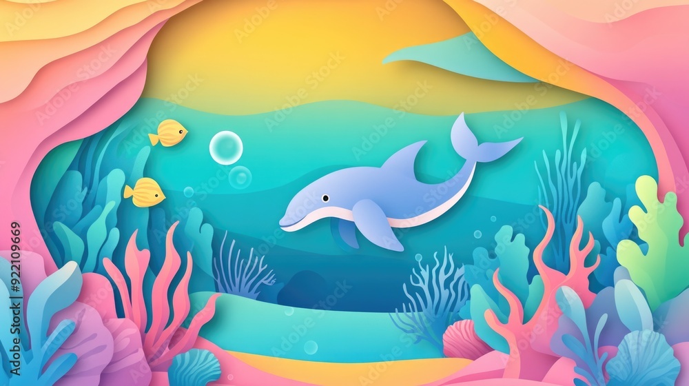 Obraz premium Papercut Playful Sea Creatures, Coral Reefs, and Enchanting Underwater Landscapes: Abstract Simple Minimal Joyful and Colorful 2D Layered Layout